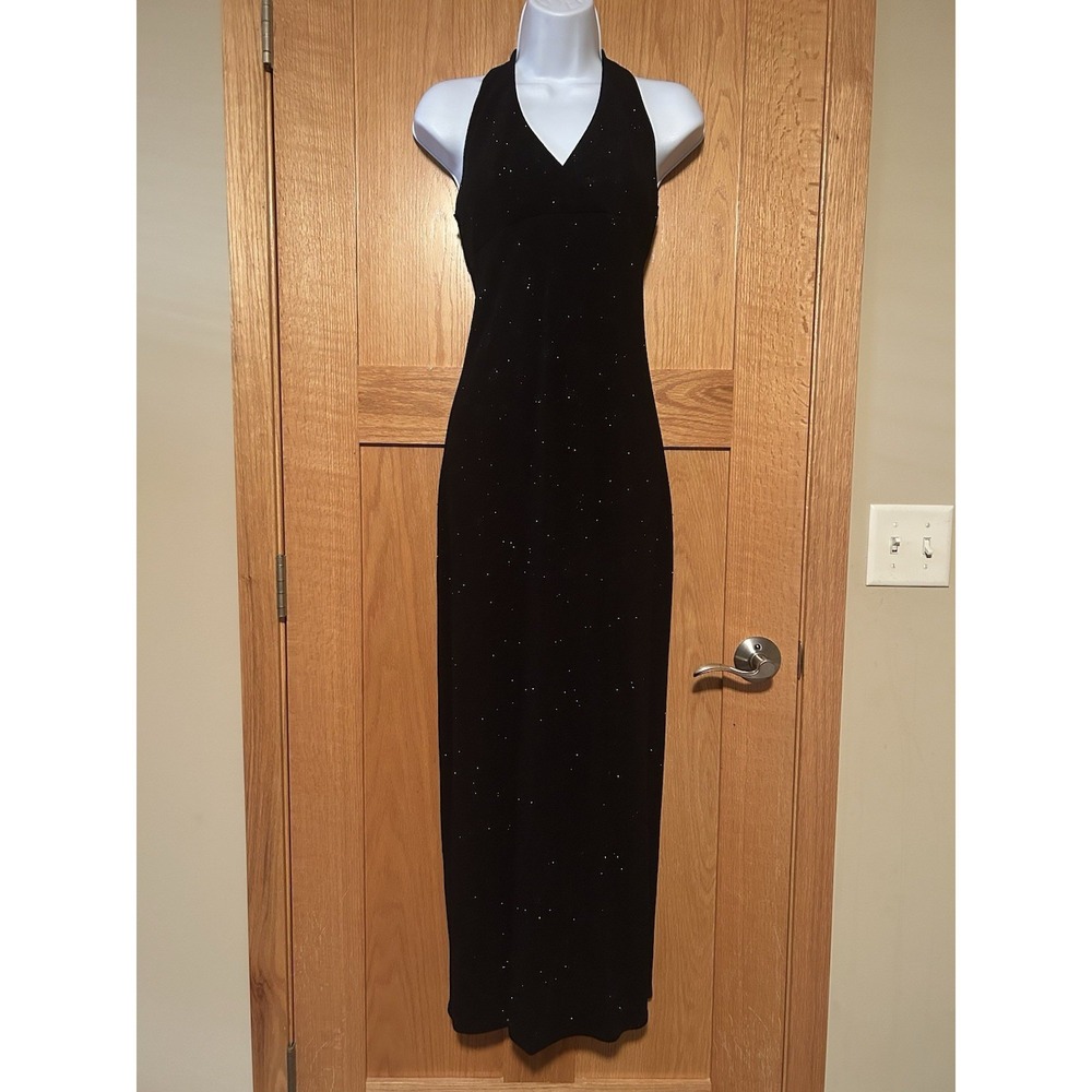 Vintage 90s Y2K City Triangles Classic Black Glitter Halter Maxi Dress Gown S